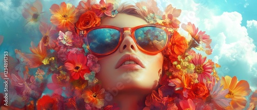 Closeup of a fairskinned woman with red sunglasses and floral headpiece, surrounded by vibrant flowers against a bright sky Concept of beauty, summer, and nature