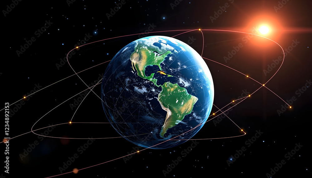 Fototapeta premium Global communication network around planet Earth in space . Global network connection covering the earth with lines of innovative perception, vector style, with white tones