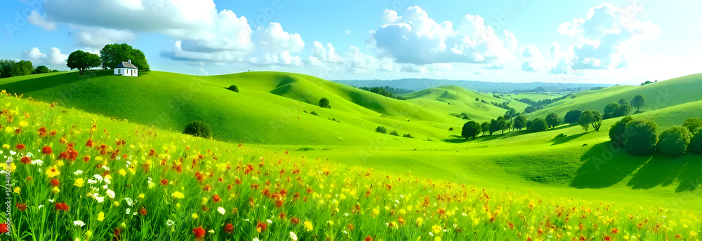 The breathtaking view of rolling hills is adorned with vibrant, blooming flowers and a bright, clear blue sky