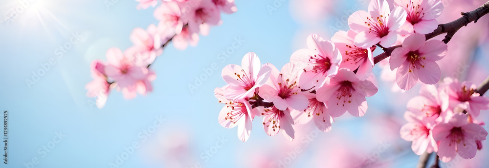 A breathtaking closeup view of pink sakura cherry blossoms beautifully blooming under a bright blue, clear sky