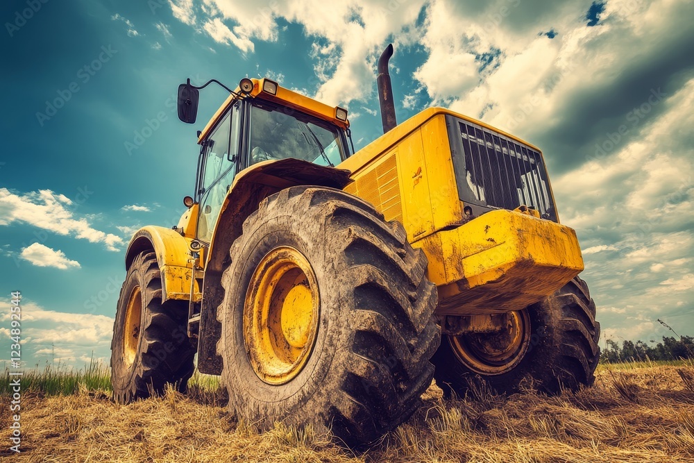 Yellow Tractor in Field Under Dramatic Sky and Fluffy Clouds