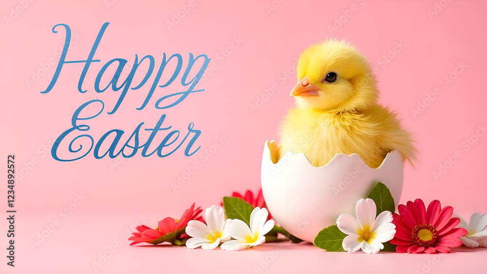 A Cute Easter Chick Emerging from Its Egg Surrounded by Beautiful Flowers and Colors. Happy Easter.