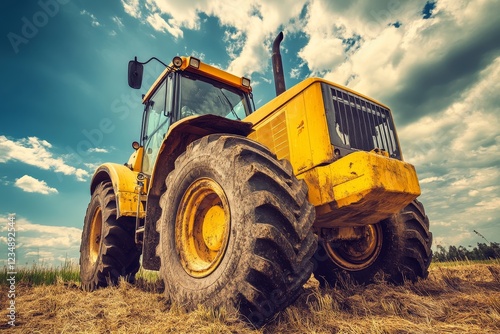Obraz na płótnie Yellow Tractor in Field Under Dramatic Sky and Fluffy Clouds w salonie