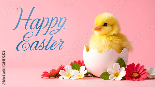 Obraz na płótnie A Cute Easter Chick Emerging from Its Egg Surrounded by Beautiful Flowers and Colors. Happy Easter. w salonie