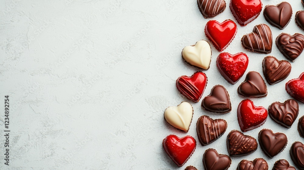 Assorted heart-shaped chocolates arranged on a light background. Assorted heart-shaped chocolates arranged on a light background.