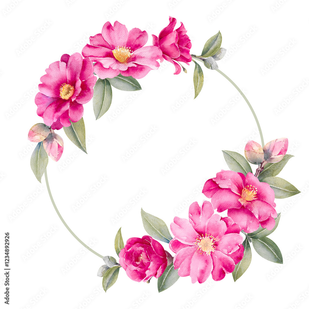 Naklejka premium Watercolor bright pink camellia flowers and leaves branch isolated on white background
