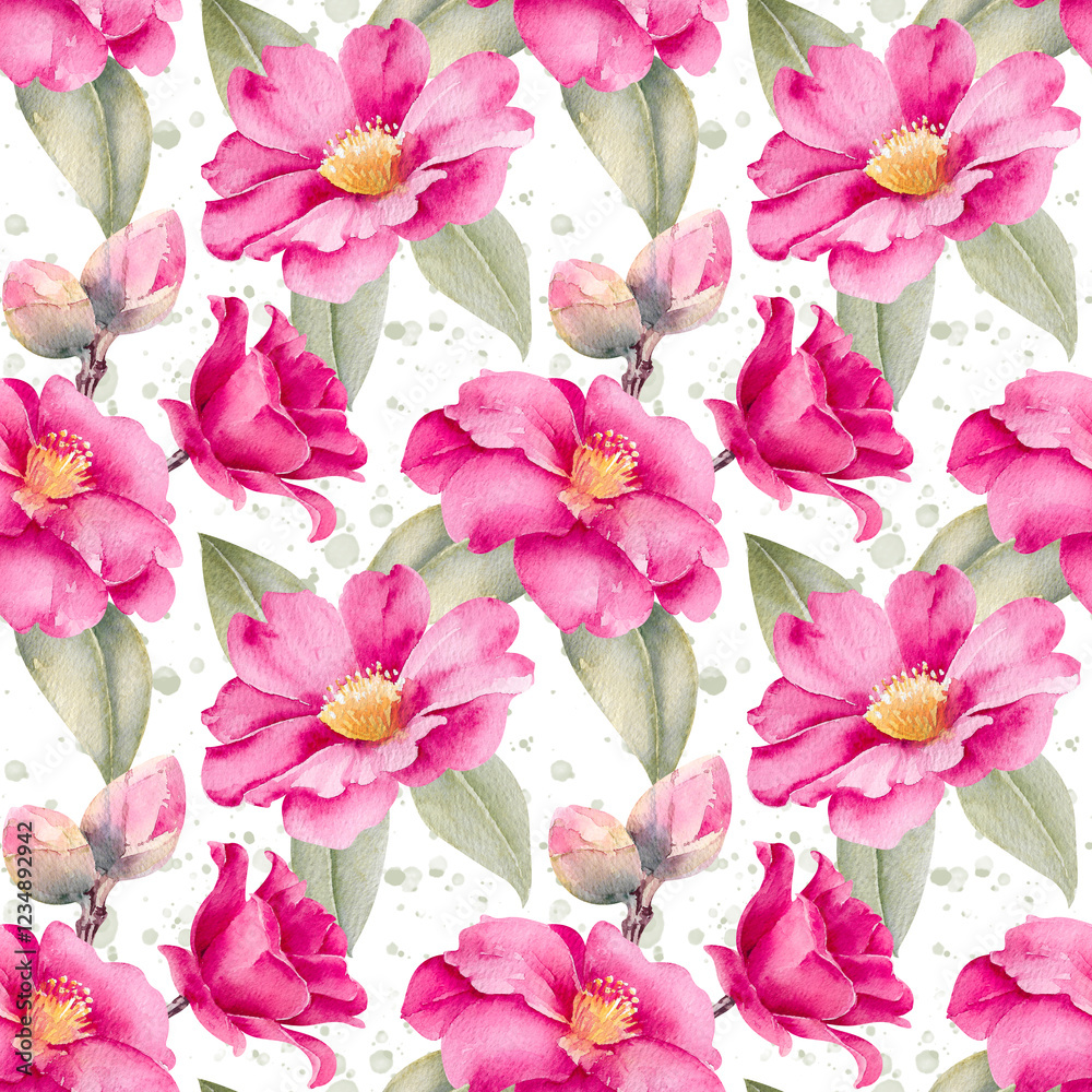 Obraz premium Watercolor pink camellia flowers and leaves seamless pattern isolated on white background