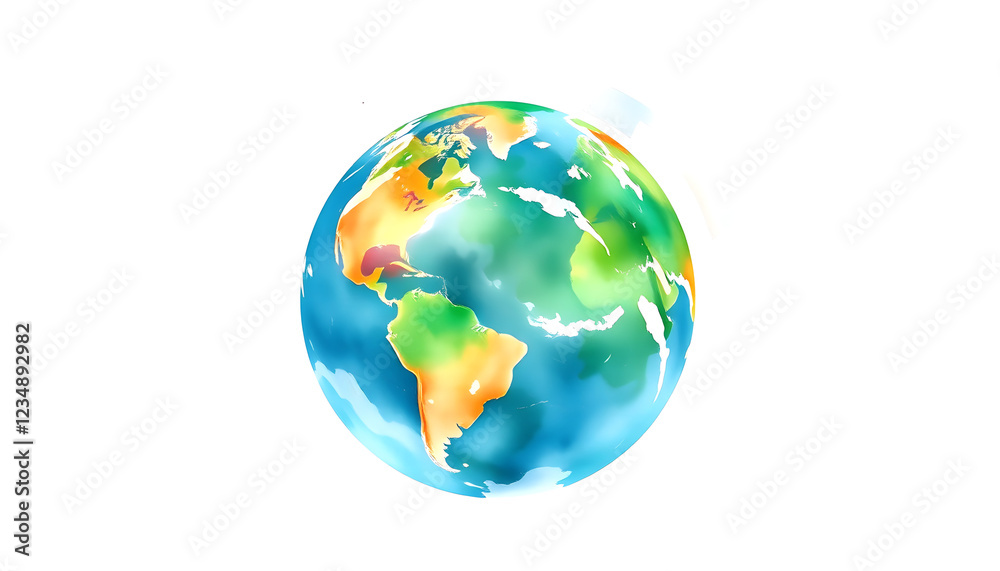 Watercolor Earth planet isolated on transparent background, asian style, with white tones