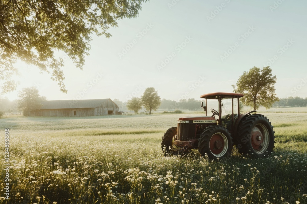 Obraz premium tractor in a sunlit meadow near an old wooden barn, surrounded by wildflowers and trees, symbolizing peaceful rural life and traditional farming