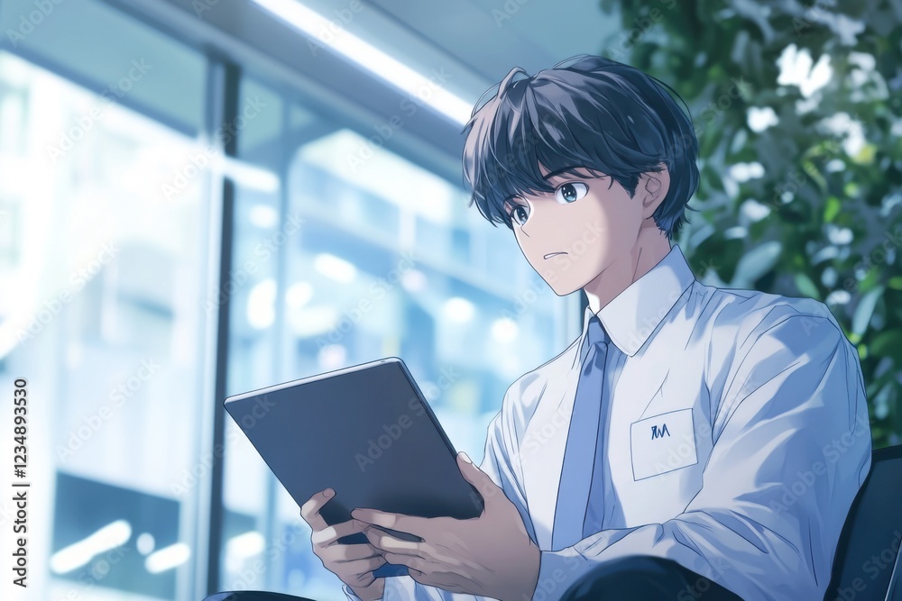 Anime-style illustration of a young businessman in a modern office, focused on a tablet, symbolizing technology, work, and professional ambition Anime-style illustration of a young businessman in a modern office, focused on a tablet, symbolizing technology, work, and professional ambition