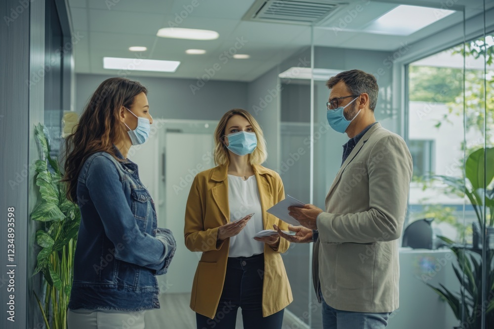 Business professionals wearing face masks having a discussion in a modern office, symbolizing workplace safety, communication, and pandemic precautions Business professionals wearing face masks having a discussion in a modern office, symbolizing workplace safety, communication, and pandemic precautions