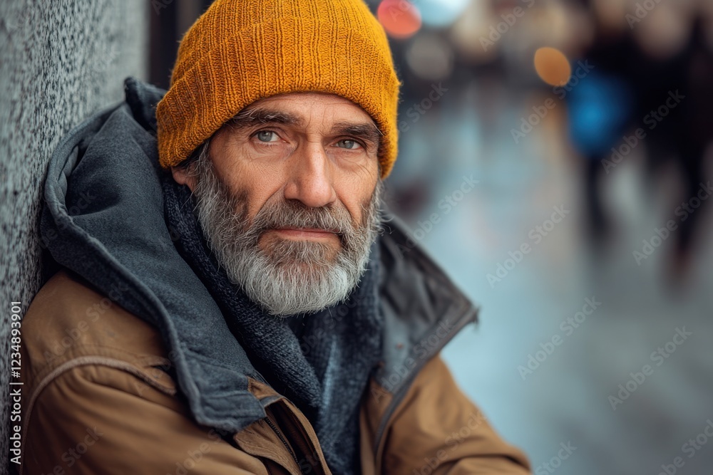 Portrait of an older man with a gray beard wearing a yellow beanie and warm clothing, sitting against a wall in an urban environment, symbolizing resilience and contemplation Portrait of an older man with a gray beard wearing a yellow beanie and warm clothing, sitting against a wall in an urban environment, symbolizing resilience and contemplation