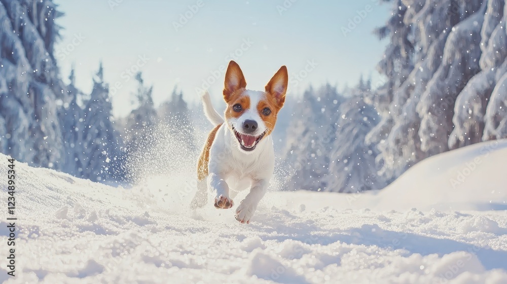 Energetic Jack Russell Running Through Snow Energetic Jack Russell Running Through Snow