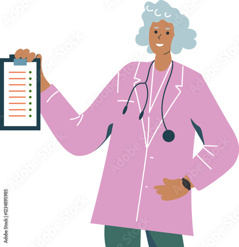 senior female doctor General Practitioner.  medical checkup. Png flat vector illustration isolated on transparent background. medical consultation, Checklist, hospital checkup.