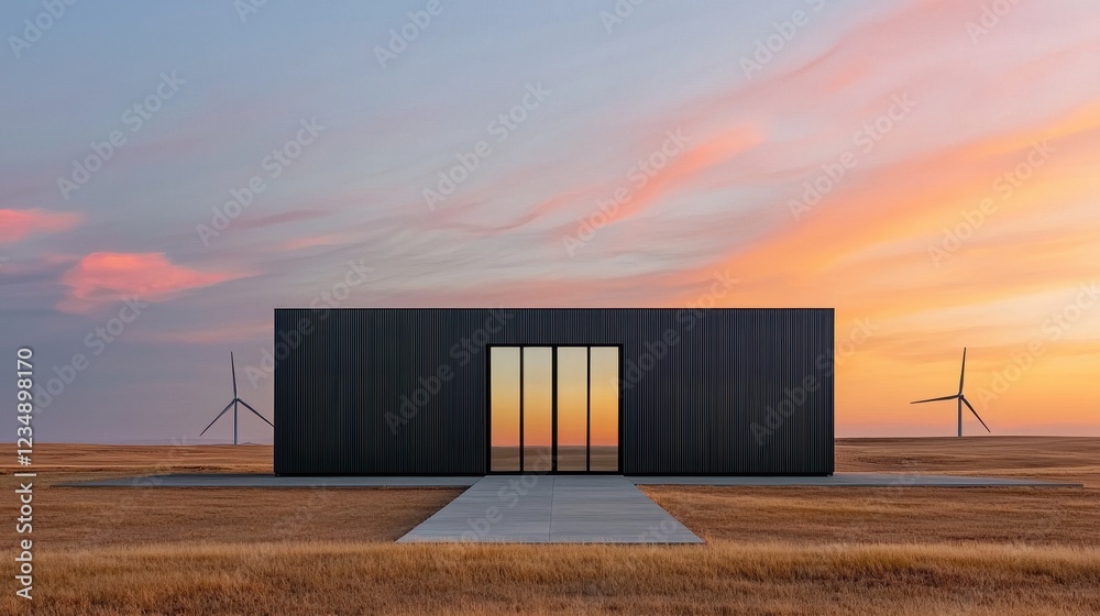 Obraz premium A modern black structure stands in a vast field, framed by a vibrant sunset and wind turbines, showcasing a blend of architecture and nature.
