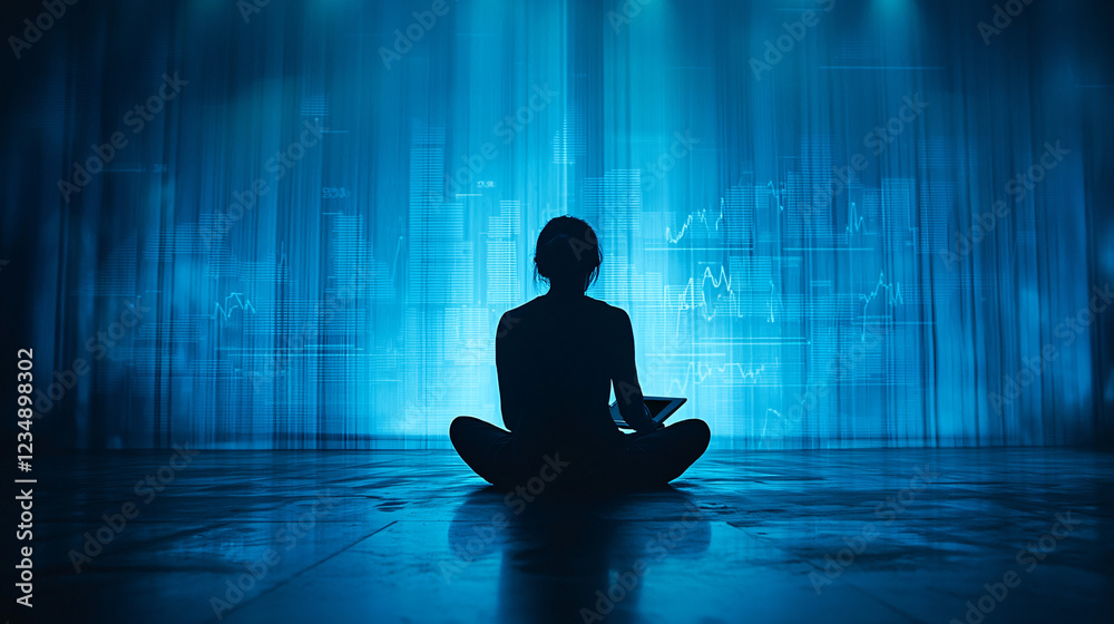 A tranquil scene of a business leader reviewing plans on a tablet, with soft blue lighting and a backdrop of financial growth charts. The balanced design conveys stability, strategic foresight, and co A tranquil scene of a business leader reviewing plans on a tablet, with soft blue lighting and a backdrop of financial growth charts. The balanced design conveys stability, strategic foresight, and co