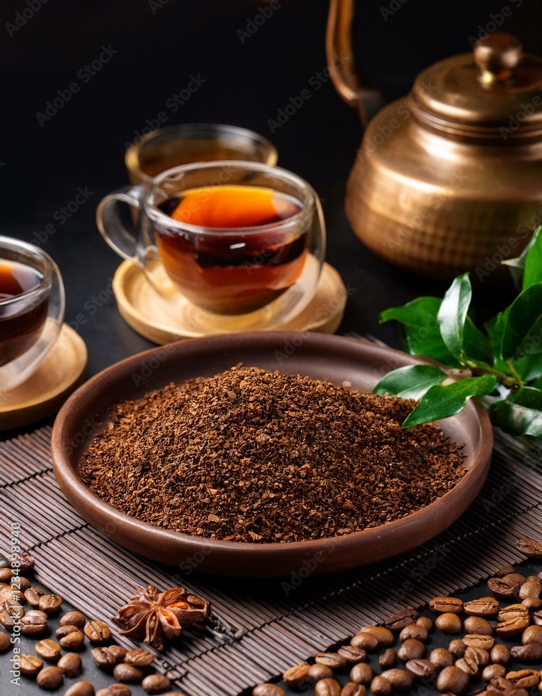 una mezcla de granos de cafe tostados con hojas de té e infusión una mezcla de granos de cafe tostados con hojas de té e infusión