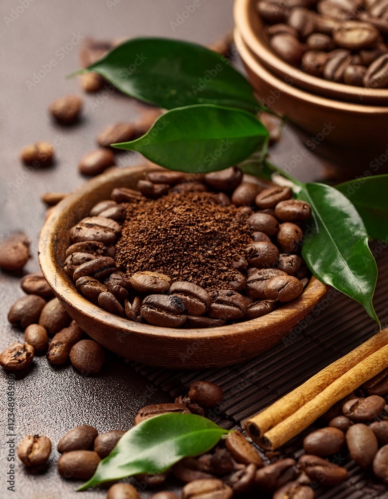 una mezcla de granos de cafe tostados con hojas de té e infusión una mezcla de granos de cafe tostados con hojas de té e infusión