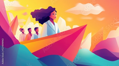 Portraying the concept of a businesswoman leader through a vector illustration of a businesswoman in a paper boat leading a team, symbolizing equality, woman power, leadership, and vision.