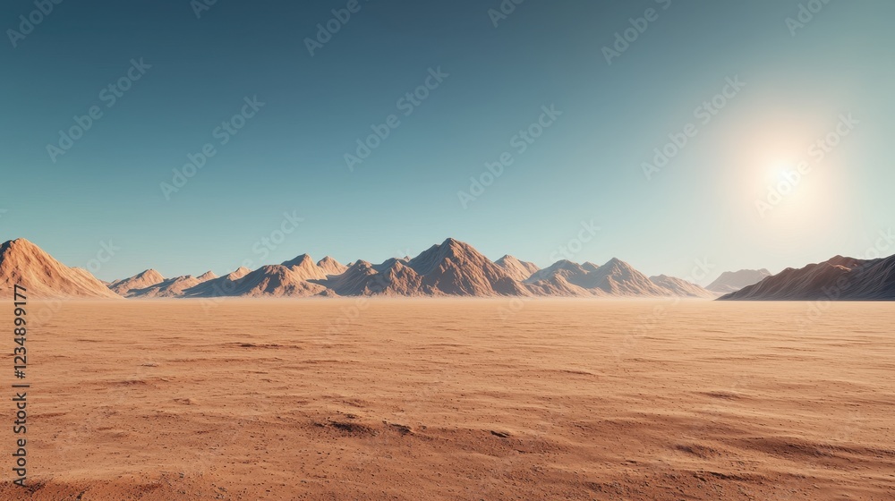 Fototapeta premium A vast desert landscape with distant mountains under a clear blue sky and a bright sun shining above.