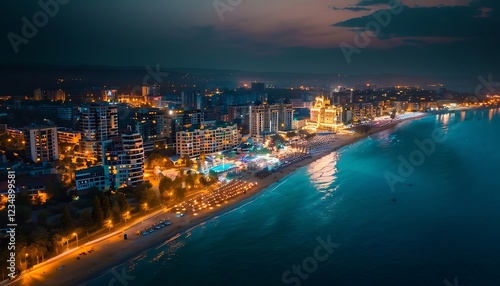 Aerial view of the beach at night in Gdansk, Poland photo