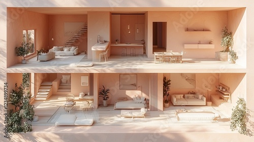 Tranquil Two-Story Dream Home: Architectural Visualization of a Serene and Minimalist Interior Design
