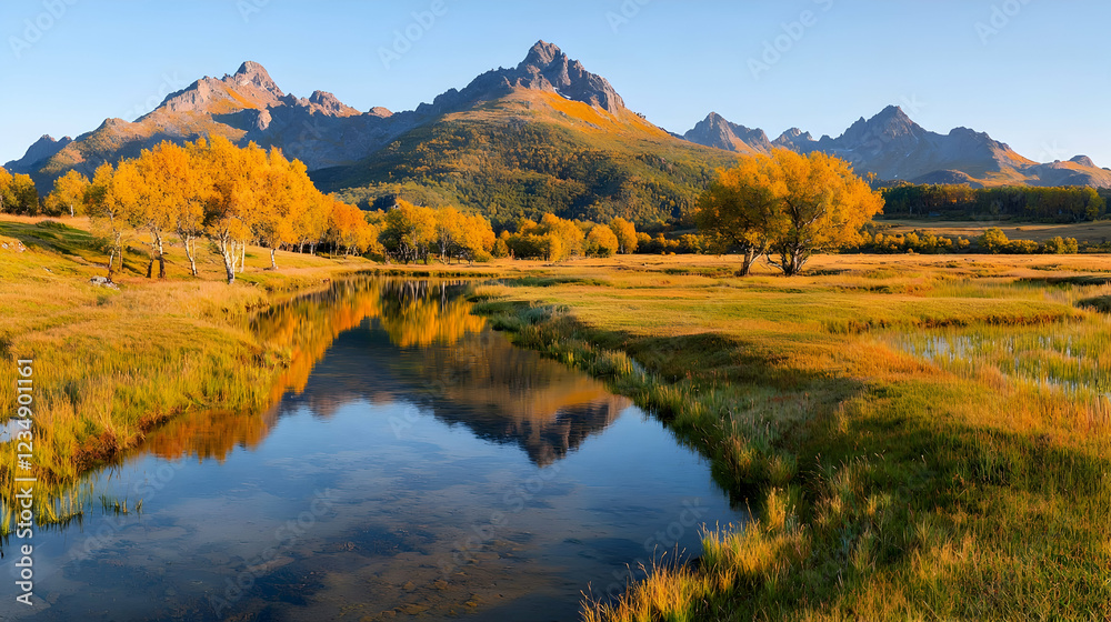 Autumnal mountain lake reflection, golden trees Autumnal mountain lake reflection, golden trees