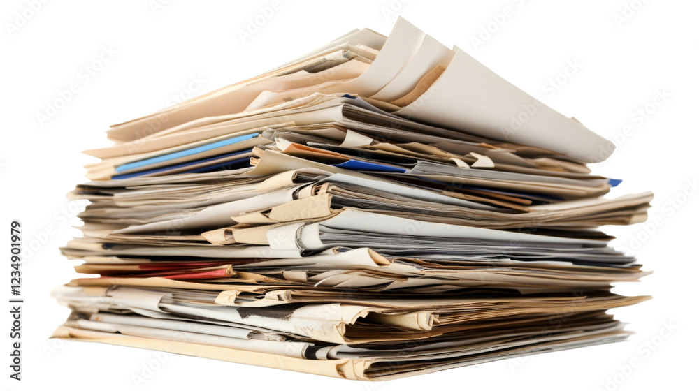 Stack of old paper documents forming a pile on transparent background Stack of old paper documents forming a pile on transparent background
