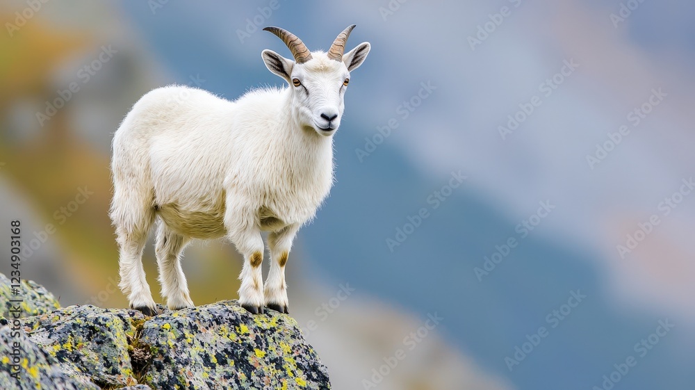 Obraz premium stay strong concept. A white goat standing on a rocky ledge with a blurred mountain background.