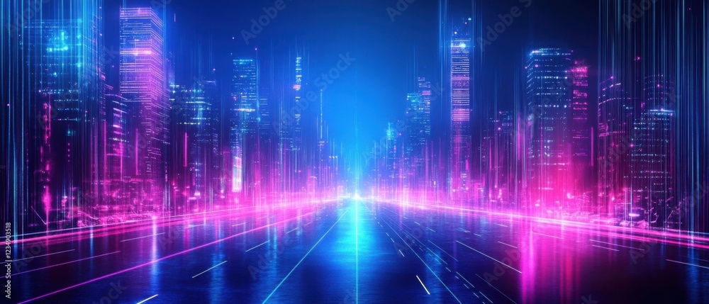 Futuristic cityscape with neon lights and glowing lines, abstract urban landscape with vibrant pink and blue colors, concept of technology, digital world, and cyberpunk Futuristic cityscape with neon lights and glowing lines, abstract urban landscape with vibrant pink and blue colors, concept of technology, digital world, and cyberpunk