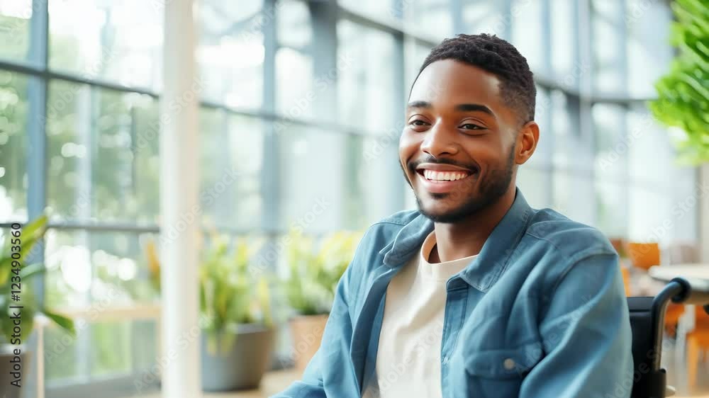 Contented handsome young disabled student African American black sitting in wheelchair and looking at camera in modern hall of educational institution with big windows. Academic cooperation in univers