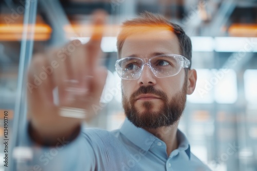 Focused professional interacts with digital interface in modern office setting during daylight hours