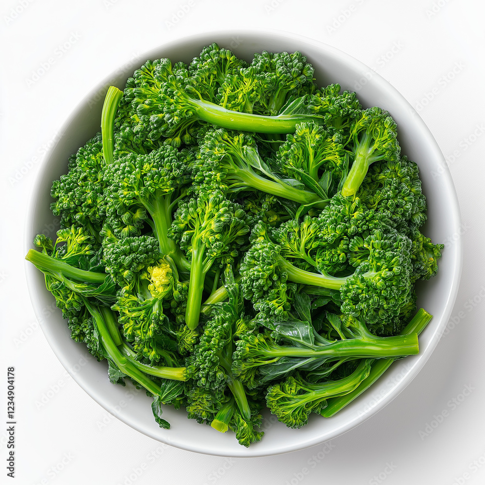 bowl of Broccoli Rabe (Rapini) slices, top view, white background bowl of Broccoli Rabe (Rapini) slices, top view, white background