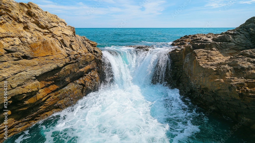 stay strong concept. A waterfall cascades over rocky cliffs into the sea, surrounded by clear blue water and a bright sky. stay strong concept. A waterfall cascades over rocky cliffs into the sea, surrounded by clear blue water and a bright sky.