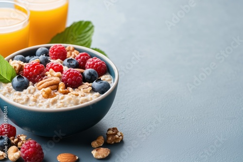 Frühstücksbrei mit frischen Beeren und Nüssen

 photo