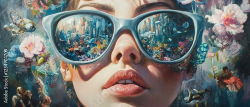 Closeup of a young adult woman with sunglasses reflecting a vibrant cityscape and floral garden, surreal and dreamy concept of imagination and perception photo