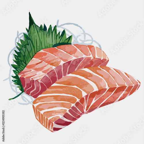 Watercolor Salmon Sashimi - Japanese Cuisine Art