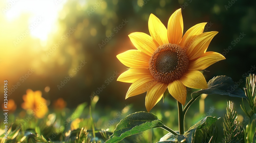 Obraz premium Sunflower at sunset in field, sunlit background