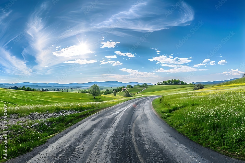Country asphalt road with green trees and blue sky with white clouds. Country asphalt road with green trees and blue sky with white clouds.