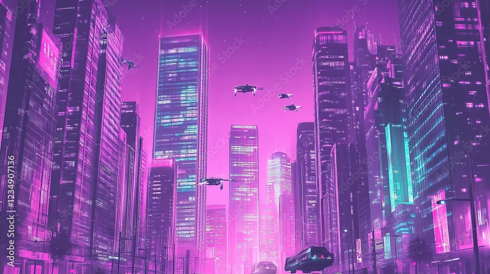 Fototapeta premium Cyberpunk city, drones flying, neon lights, futuristic vehicle, cityscape