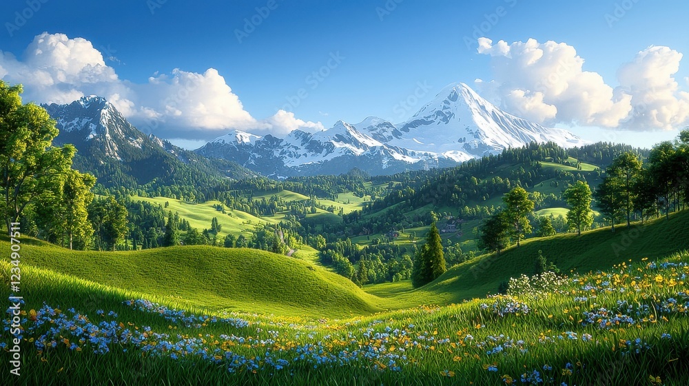 Fototapeta premium Serene Mountain Landscape at Sunrise SnowCapped Peaks Against Blue Sky