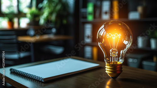 A creative workspace with a glowing lightbulb on a desk, symbolizing the birth of an idea. The background features a clean notebook and a minimalist setup, creating a calm and inspiring atmosphere. 