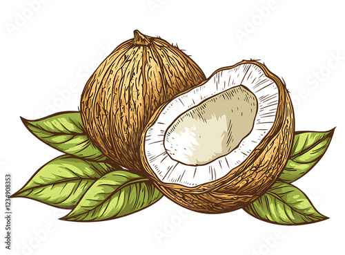 Hand drawn illustration of a coconut, split open to reveal the white flesh.
