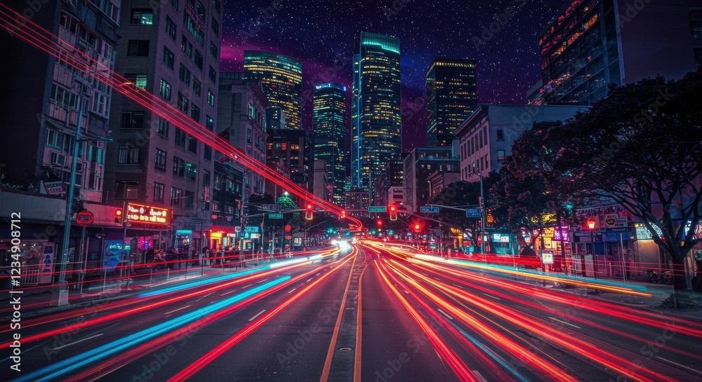 Fototapeta premium Vibrant city nightscape with light trails and skyline in urban setting