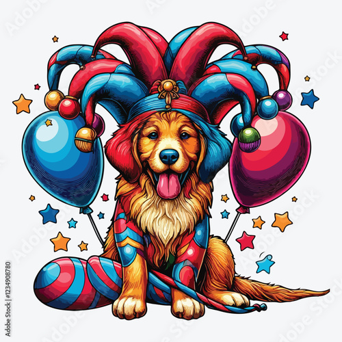 Dog in a jester hat with balloons stock Vector