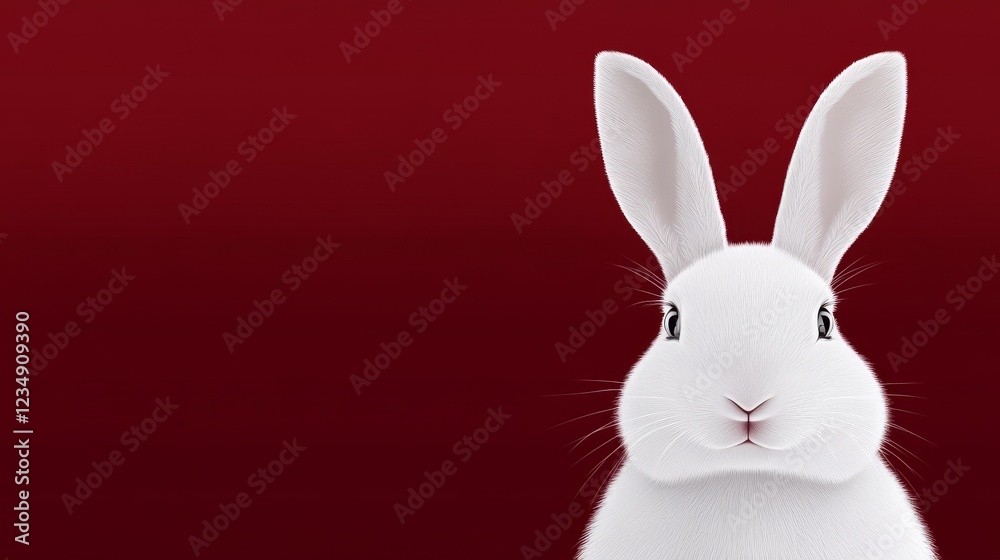 Obraz premium Playful Rabbit on Solid Red Background - A cheerful rabbit symbolizes innocence, playfulness, nature, joy, and curiosity against a striking red backdrop.
