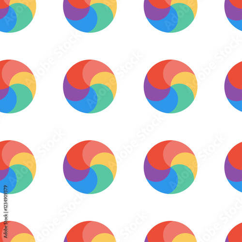 Repeating pattern of colorful circular shapes on a white background. Each circle is divided into curved, overlapping segments in rainbow colors, creating a swirling or pinwheel effect. 