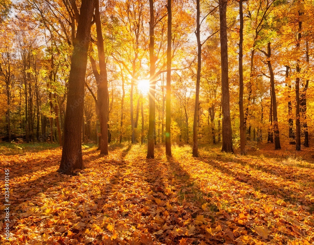Naklejka premium A golden autumn forest with fallen leaves covering the ground, bathed in warm sunlight filtering through the trees.