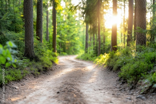 Waldweg durch einen grünen, ruhigen Wald

 photo