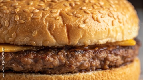 Close up of a juicy plant based burger with melted cheese, nestled between sesame seed buns, showcasing the advancements in 3d food printing photo